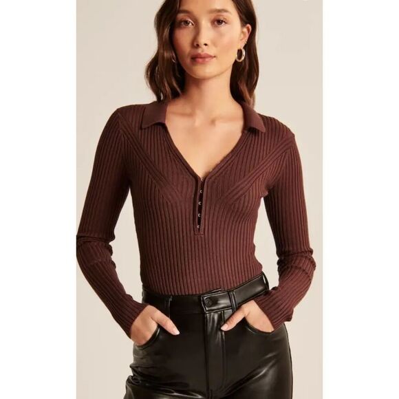 Abercrombie & Fitch Sweater Bodysuit size XL Brown Long Sleeve Collared Ribbed K - Picture 1 of 11